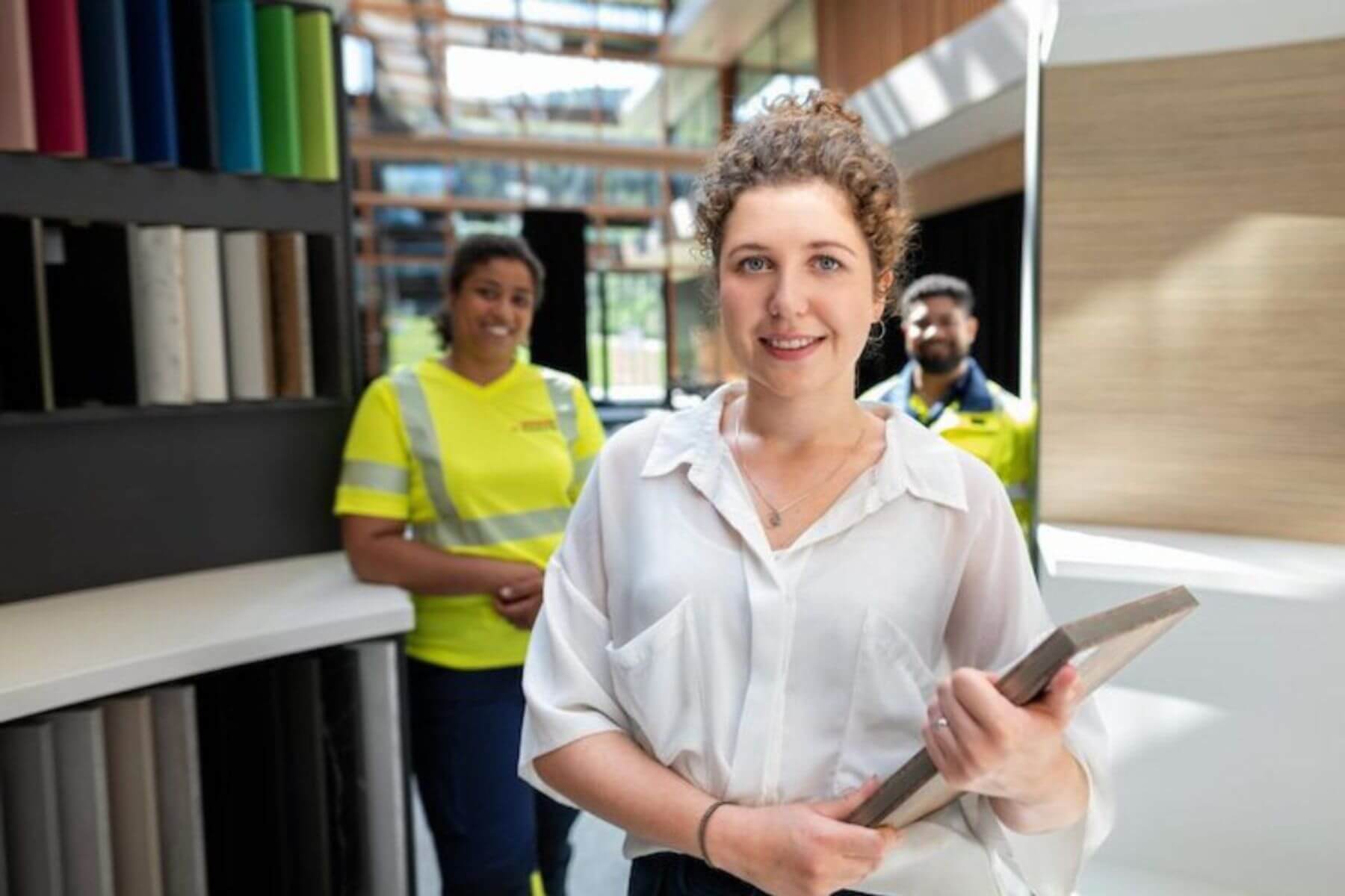 Mitarbeiterin bei Egger in Arbeitssituation – professionelles Hair & Make-up Styling von Julia Ebert.